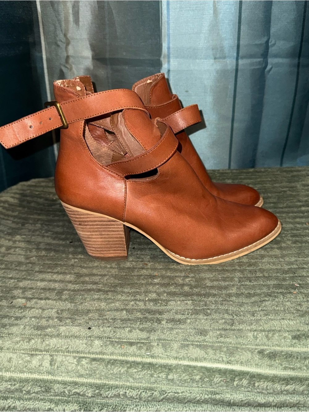 Reba Cognac Brown Leather Heeled Ankle Boots with Strap
